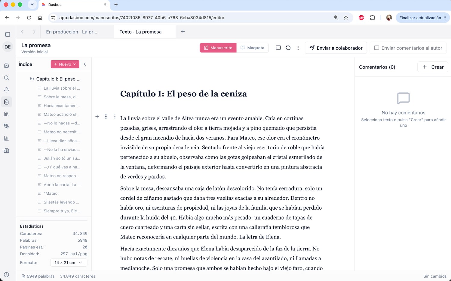 Editor colaborativo: manuscrito, comentarios y versiones